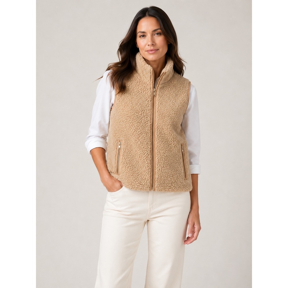 J.Crew Women Sherpa Fleece Vest XXS Tan Camel Full Zip H1197 Teddy Gorpcore Cozy